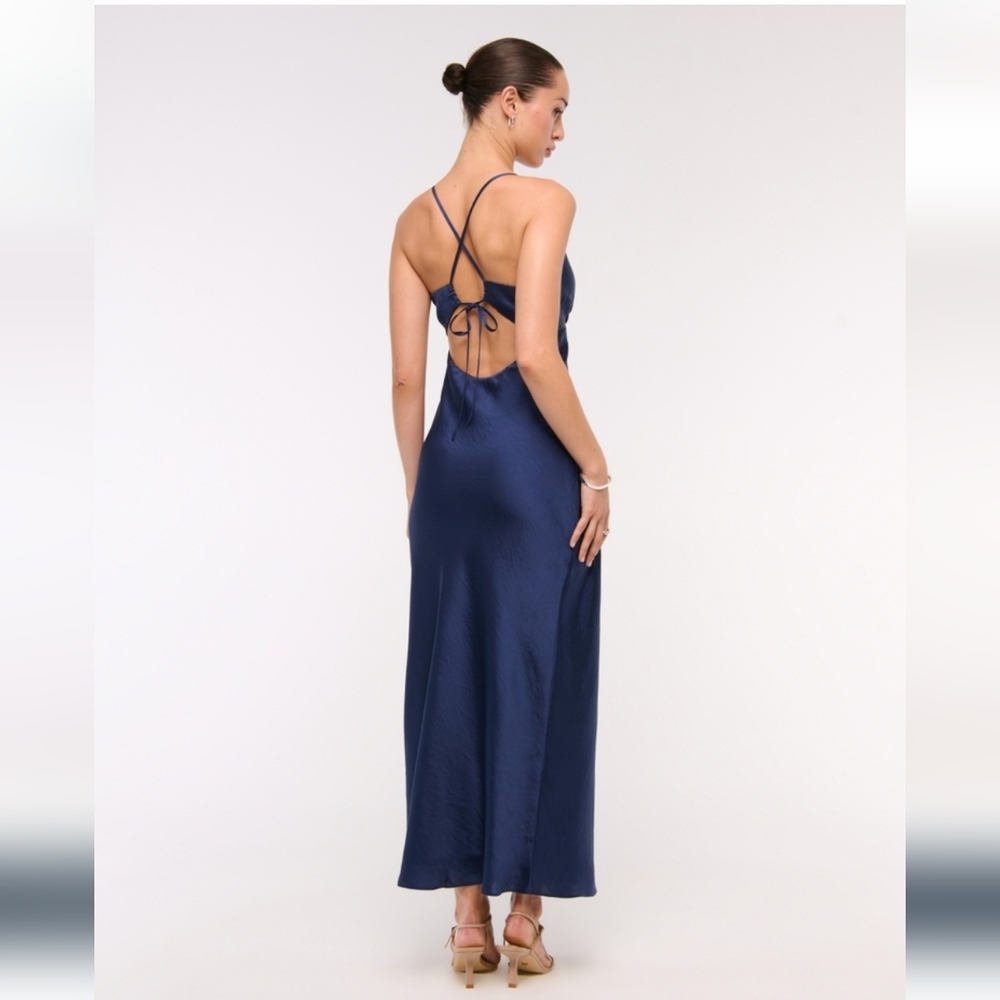 Abercrombie Julia Slip Tie Back Navy Blue Satin Tie Silk Maxi Dress Medium P